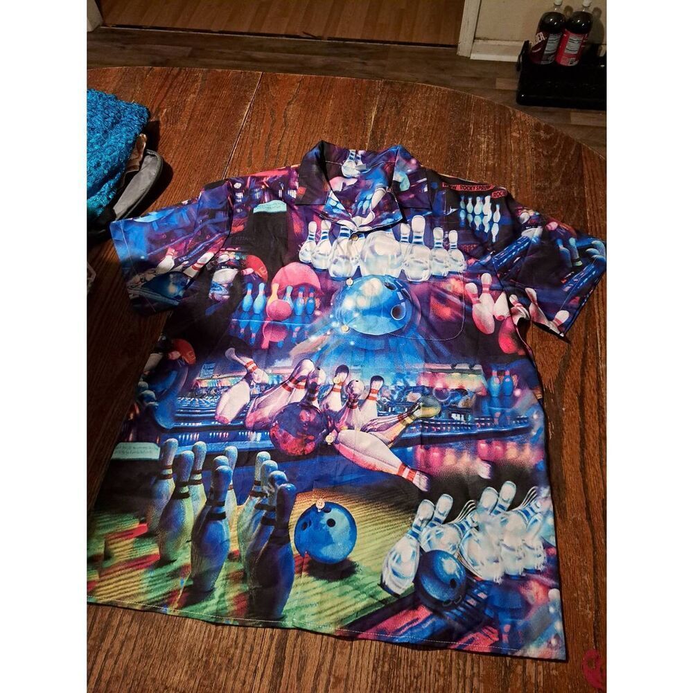 Mens Large Bowling Shirt Short Sleeve Button Front Collar Pocket Two Sided Print